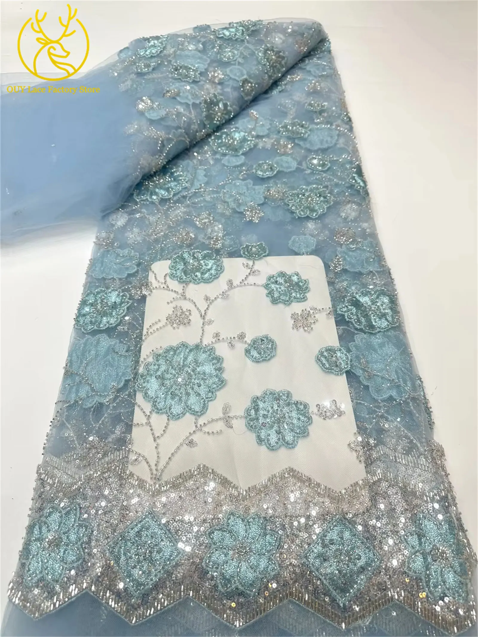 Französischer Groom-Spitzenstoff mit Stickerei und Perlen, afrikanischer Spitzenstoff, nigerianischer Tüllspitzenstoff für Hochzeitskleider und zum Nähen. – Detail 10