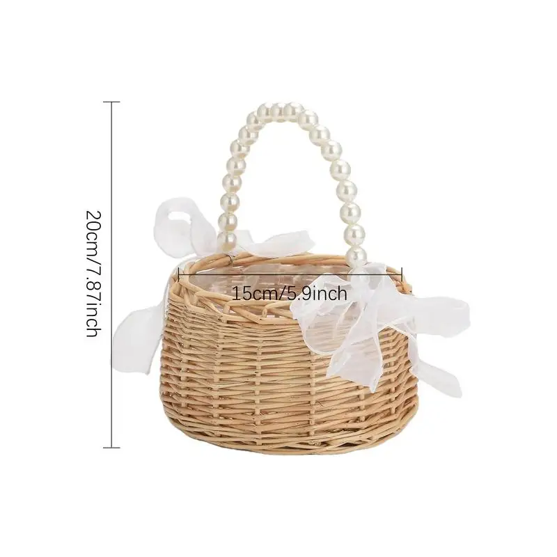 Wicker Basket With Handle Pearl Handle Bow Ribbon Wedding Petal Basket Romantic Flower Wedding Decor Handwoven Easter Basket For