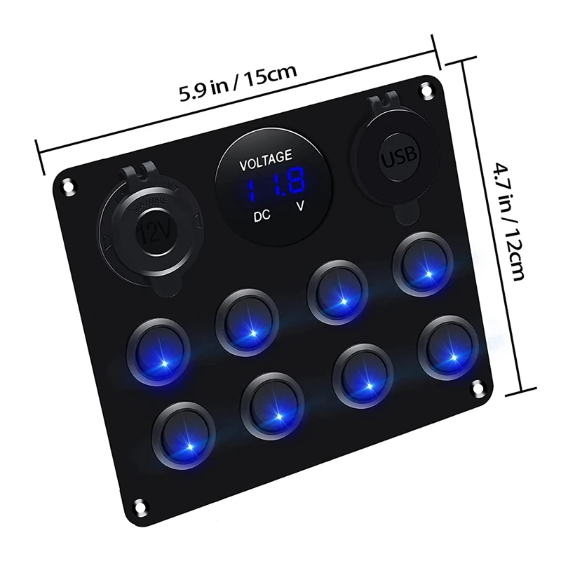 Blue Led Voltmeter For Car Rv Truck Atv Utv Camper Caravan Switch Toggle Panel Dual USB 12-24V 8 Sockets Marine Boat