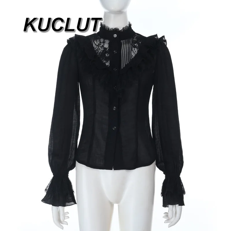 

Lace Hollow Long Sleeve Tops for Women Spring Autumn 2025 New Y2k Shirts Gothic Style Cosplay Halloween Slim Fit Casual Shirt