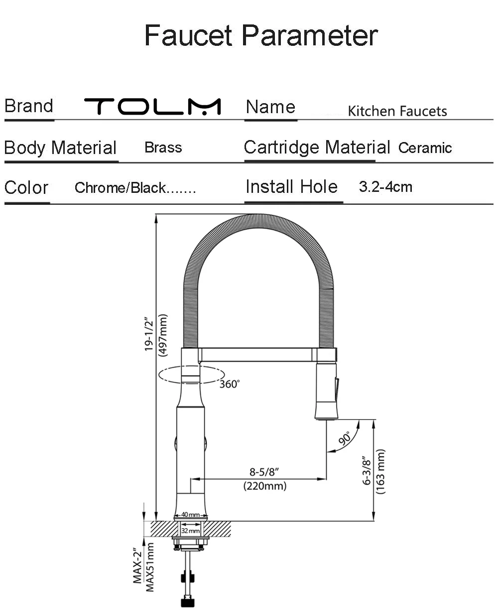 TOLM Brushed Nickel Modern Polished Chrome Brass Kitchen Sink Faucet Pull Out Single Handle Swivel Spout Vessel Sink Mixer Tap