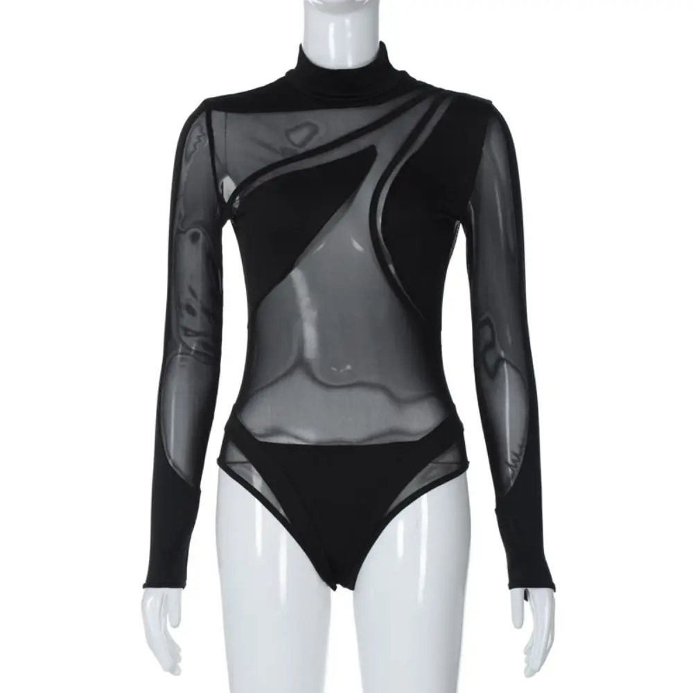 Dünner schwarzer Damen-Mesh-Langarm-Mesh-Spleiß-Perspektive-Mesh-Body, durchsichtig, schmal geschnitten, langärmlig, Tops, Berufung