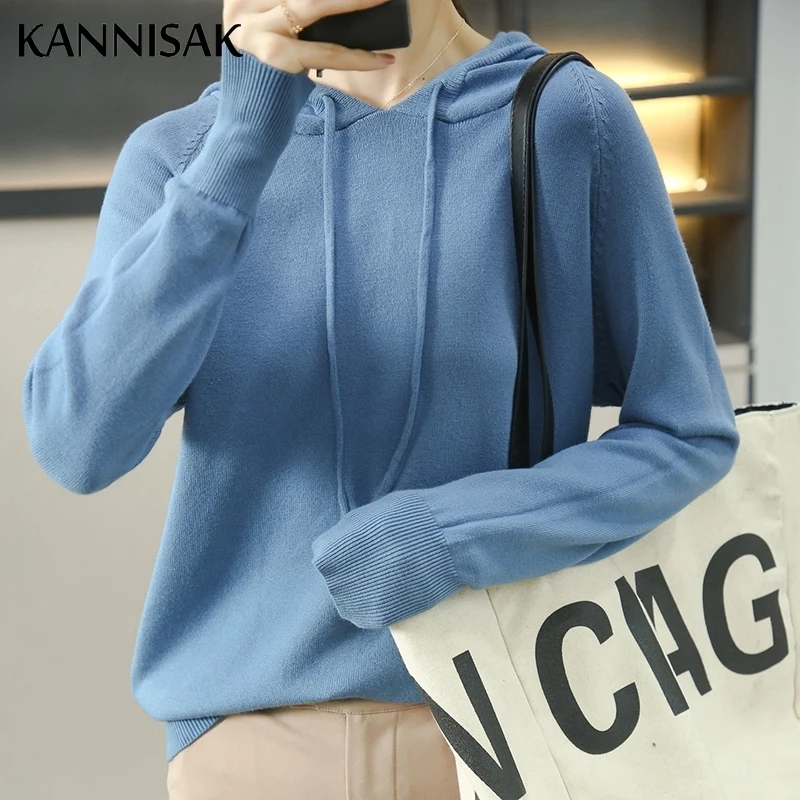 Damski sweter 2025 jesień zima z kapturem Pullovers z długim rękawem Koszule z długim rękawem Luźne swetry z dzianiny Solid Casual Ladies Sweater