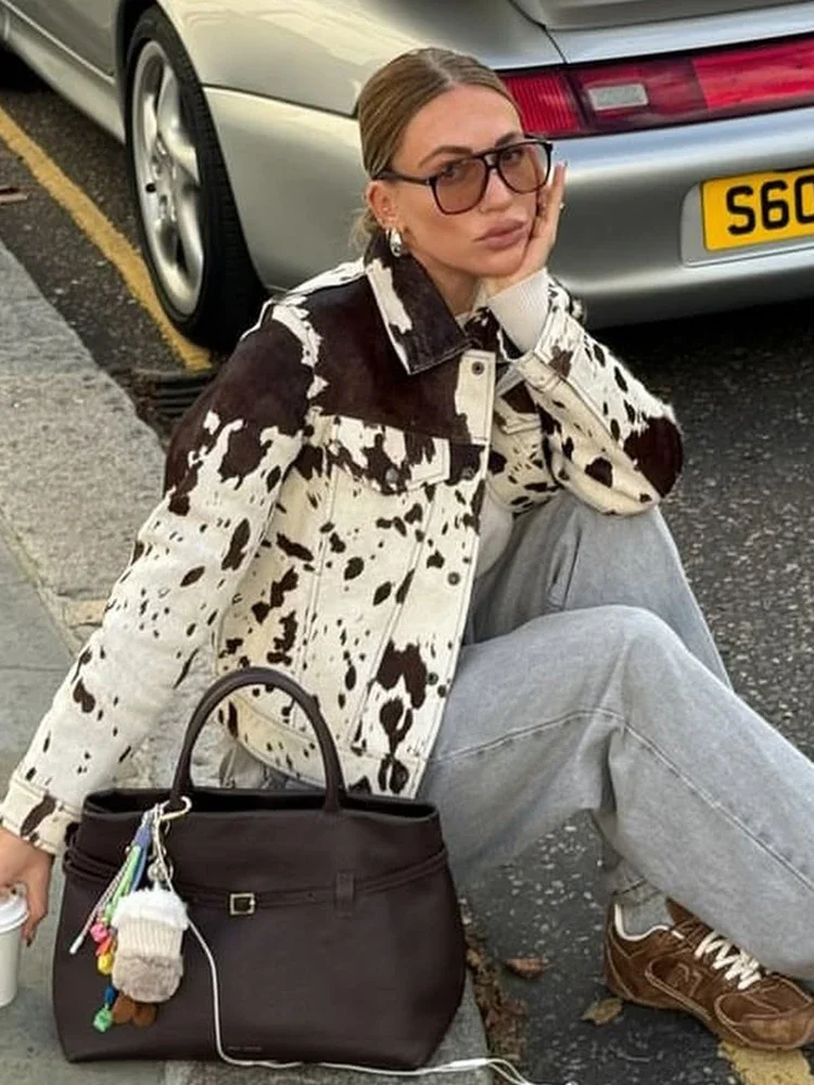 Mode Revers Gedruckt Jacke Mantel Weibliche Lange Hülse Casual Splice frauen Outwear High Street 2025 Dame Pendler Streetwear