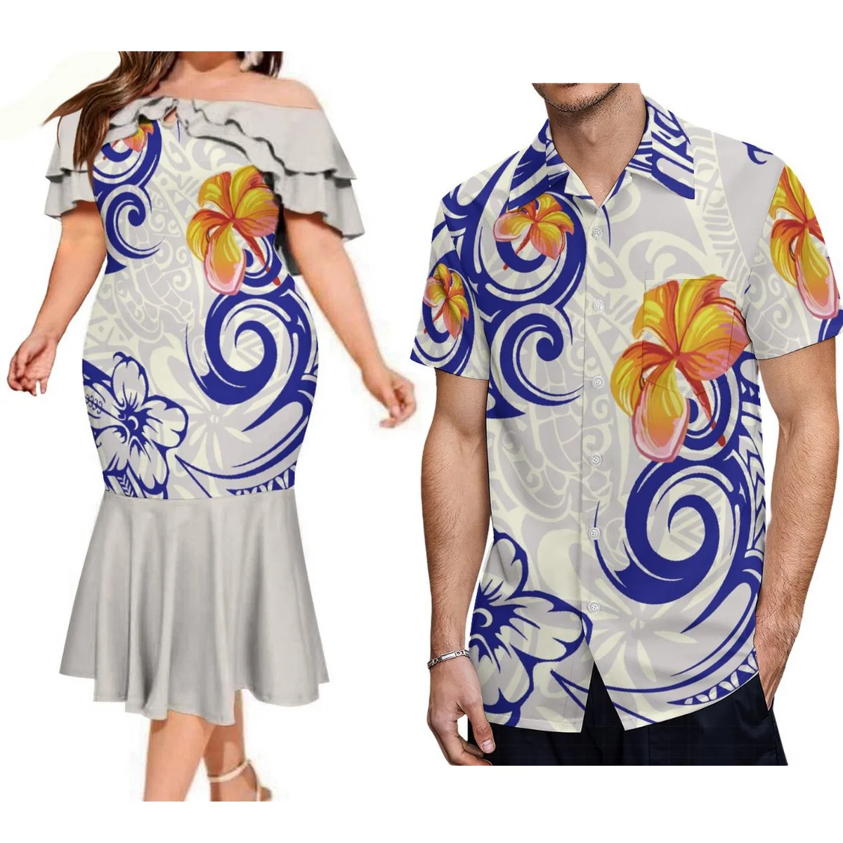 

Island-Style Samoan Suit Women'S Off-The-Shoulder Dress Luxury Fishtail Skirt And Men'S Shirt Polynesian Island Design Print