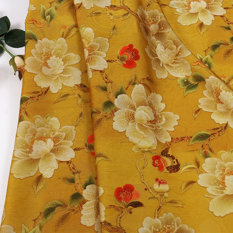 Ginger Yellow Floral Floating Light Brocade Printed Fabric Thin Women's Chinese Style Style Qipao Dress Clothing Fabric