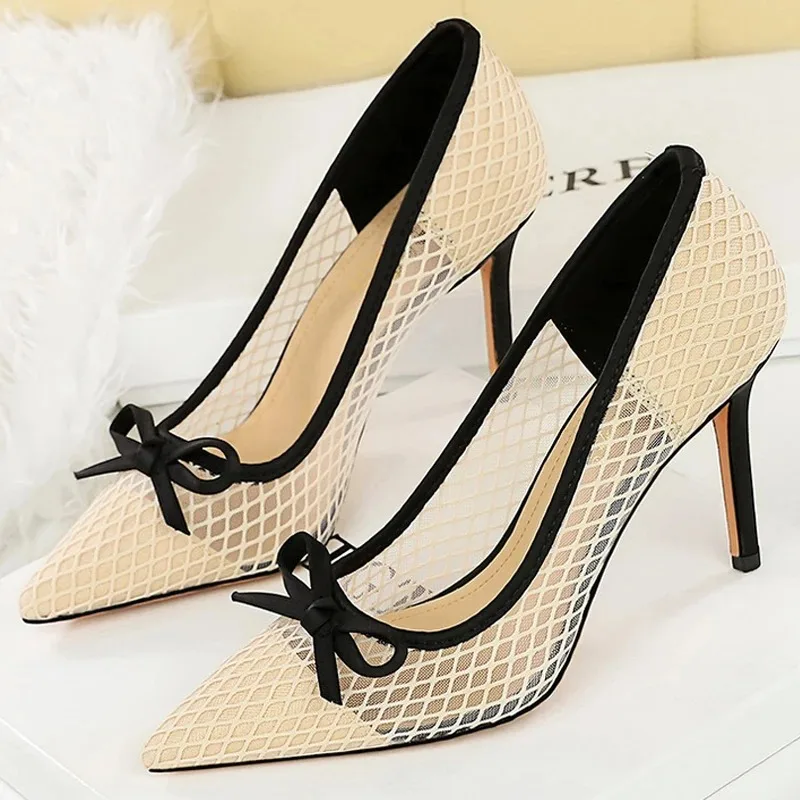 

9.5 Cm Fashionable Mesh Lace Women's High Heels Bowknot High Heels Stiletto Sexy Party Shoes Luxury Banquet Shoes Women's Shoes