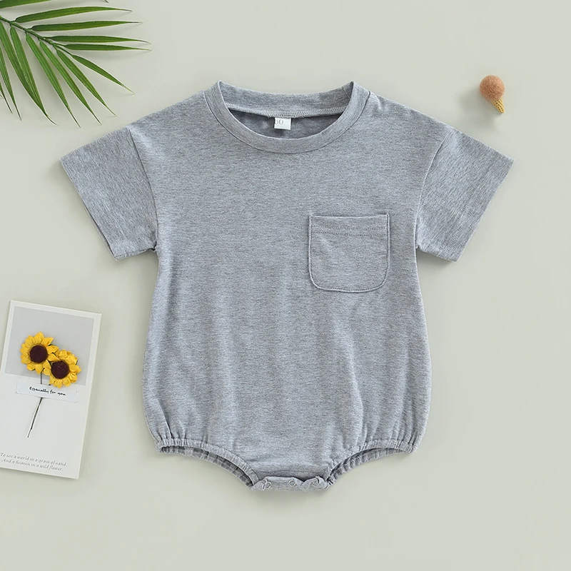 Casual Baby Boy Girl Solid Color Short Sleeve Bubble Romper Oversized T-Shirt With Pocket Bodysuit Summer Baby Jumpsuits Clothes