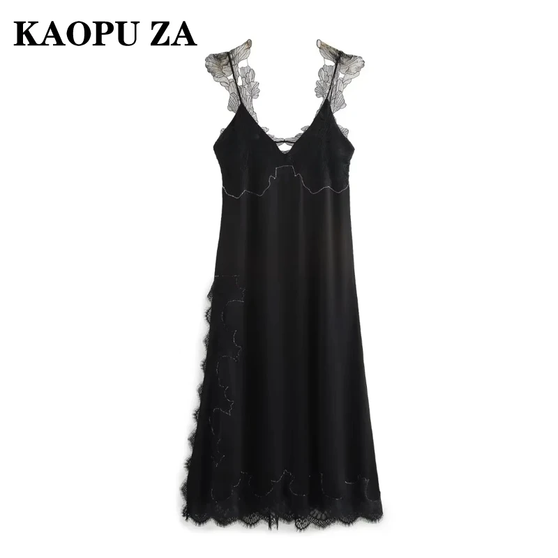 KAOPU ZA 2024 Summer Woman\'s Casual Solid Color Sleeveless Dress Maxi Skirt Women Clothing Elegant Sling V-Collar Slip dress Top