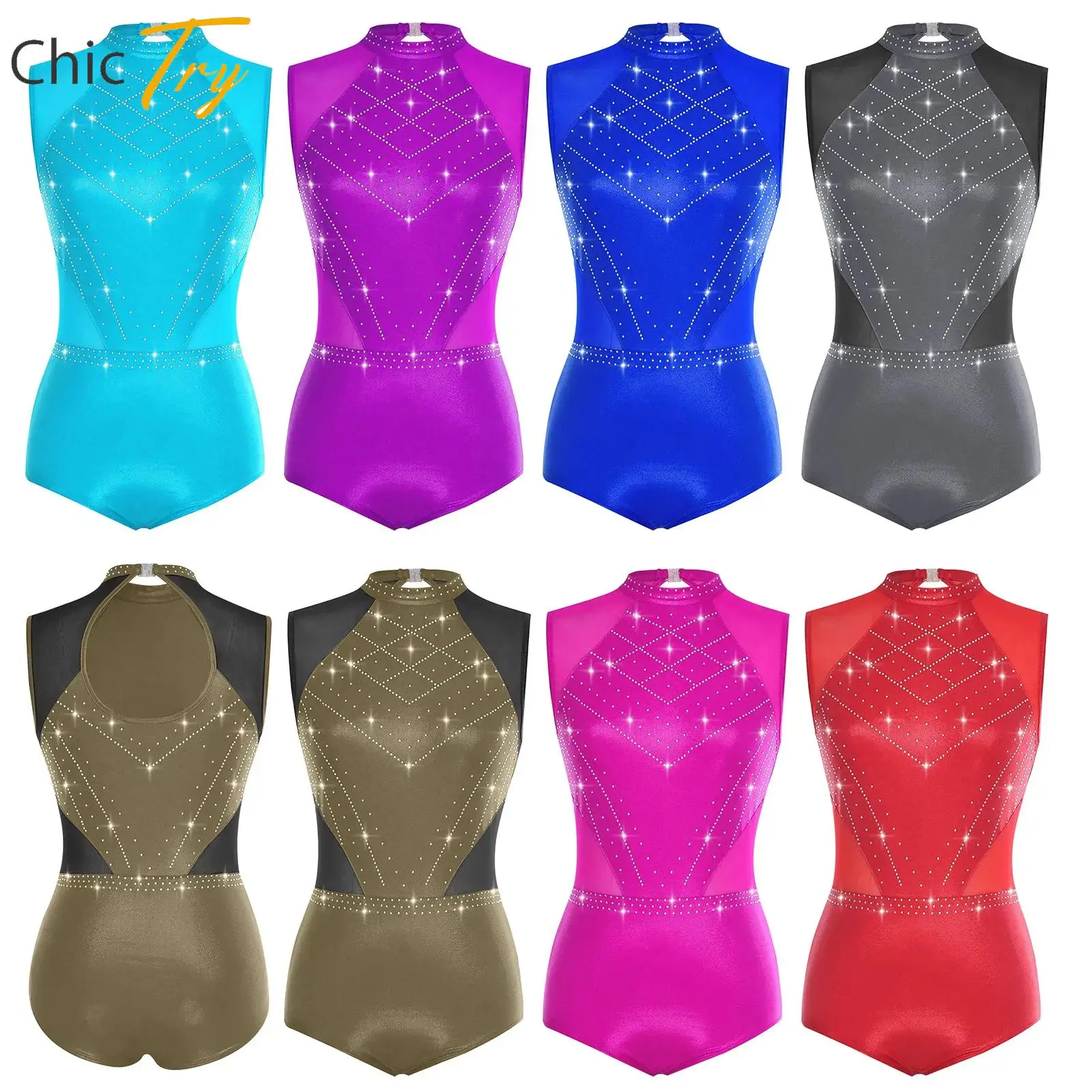 

Womens Ballet Lyrical Modern Dance Leotard Rhinestone Sleeveless Patchwork Bodysuit Gymnastics Figure Skating Bodysuit Dancewear