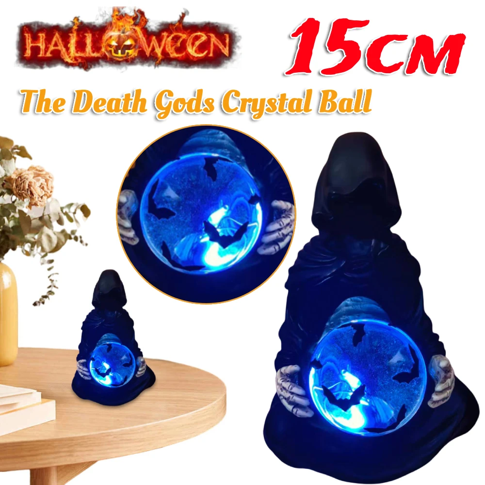 Halloween Sensenmann Statue Die Todesgötter Kristallkugel mit fliegenden Fledermäusen Kristallkugel Sensenmann Figur Halloween Dekoration