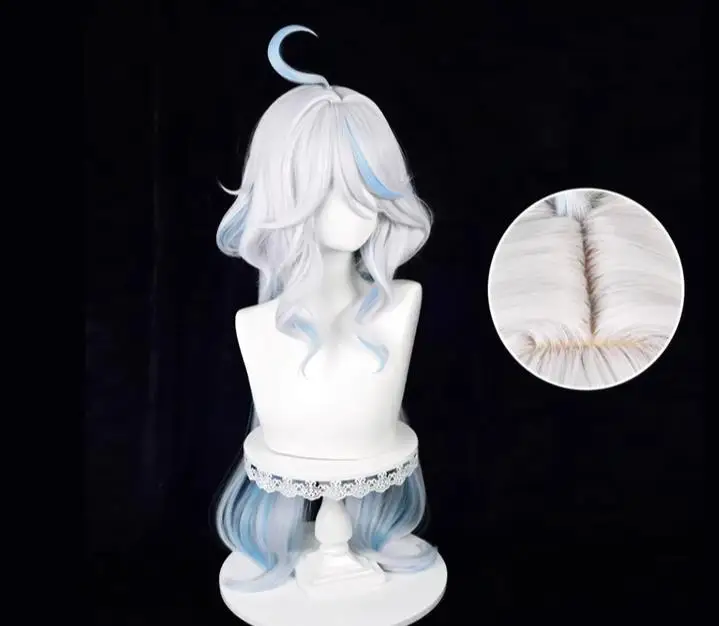 원신 임팩트 포칼러 코스프레 가발, 실버 화이트 연청 하이라이트 가발, 긴 곱슬 가발, 코스프레 액세서리용 레이어드 가발