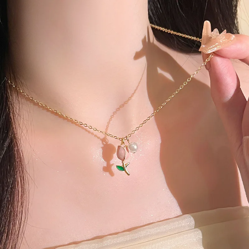 Retro Tulpe Blume Imitation Perle Anhänger Halskette Für Frauen Mode Schmuck Trendy Party Zubehör Geschenk