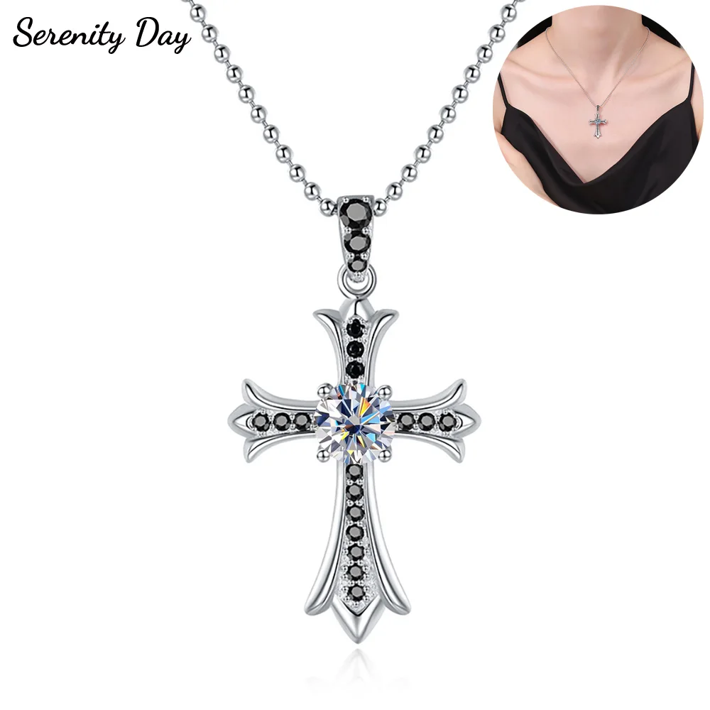 

Serenity 1ct D VVS1 Moissanite Cross Necklace for Women Men S925 Sterling Silver Jesus Pendant Necklace Fashion Round Bead Chain