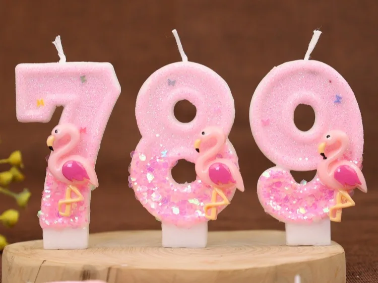 Heiße Flamingo-Kerzen, alles Gute zum Geburtstag, 0–9 Zahlen, glitzernde Kuchenkerze für Kinder, Mädchen, Jahrestag, Party, Kuchendekoration, Zubehör – Detail 2