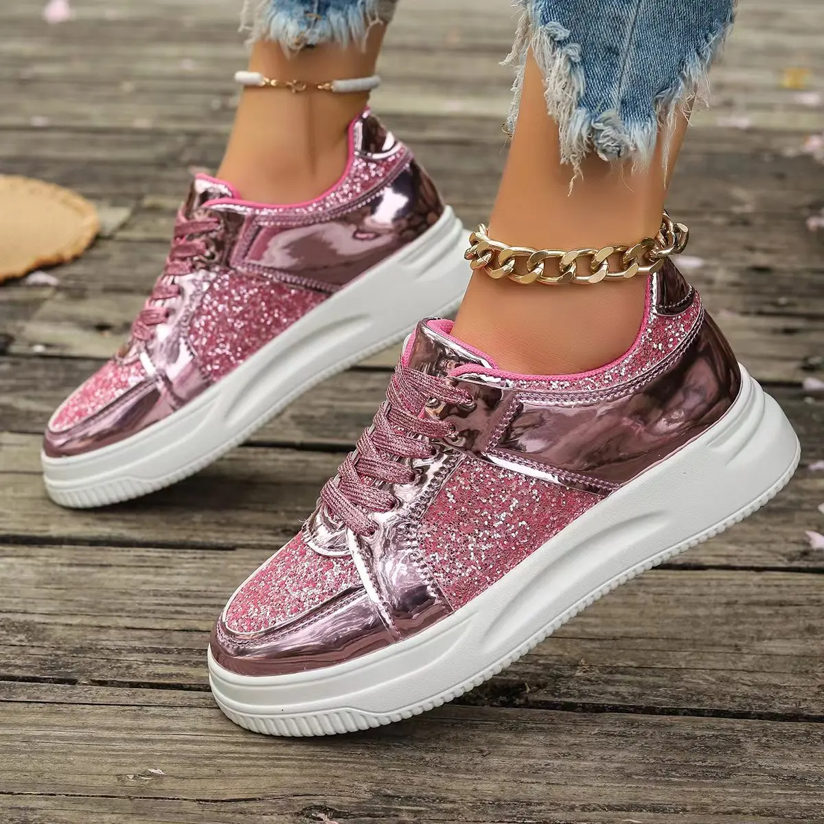 Flat Wedges Sneakers Comfortable Sequins Badminton Shoes Fashion Women's Vulcanize Shoes Running Fitness Walking