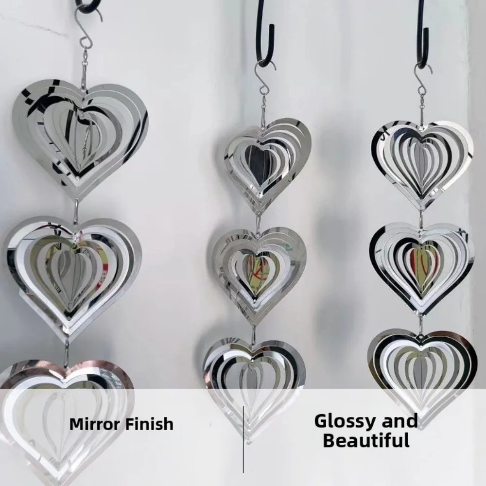 Rotatable Design Heart Wind Chime Reflective Surface Double-Sided 3D Metal Heart Sparkly Metal Hanging Ornament Wind Spinner