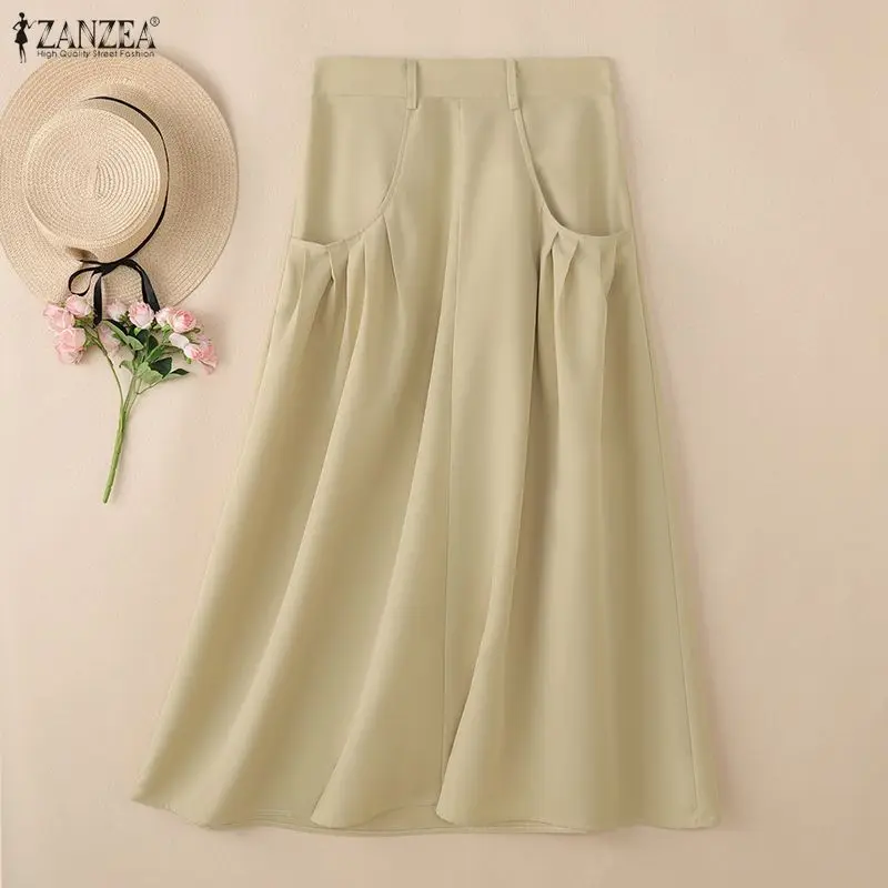 Women's Casual A-Line Midi Skirts Elastic Back Waist Solid Color Gathering Skirts ZANZEA Leisure Commuting Wear Jupes Femme