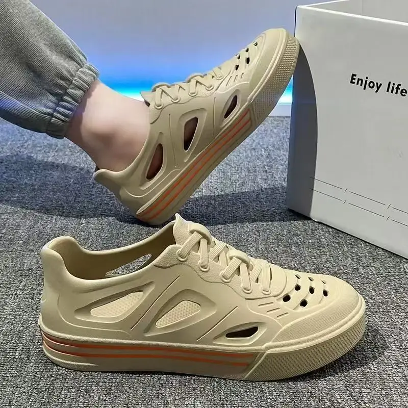 Men's Summer New Injection Molding Cave Sandals Soft Sole Round Toe Hollow Slip On Flat sole Beach Sandals Light Wading shoes