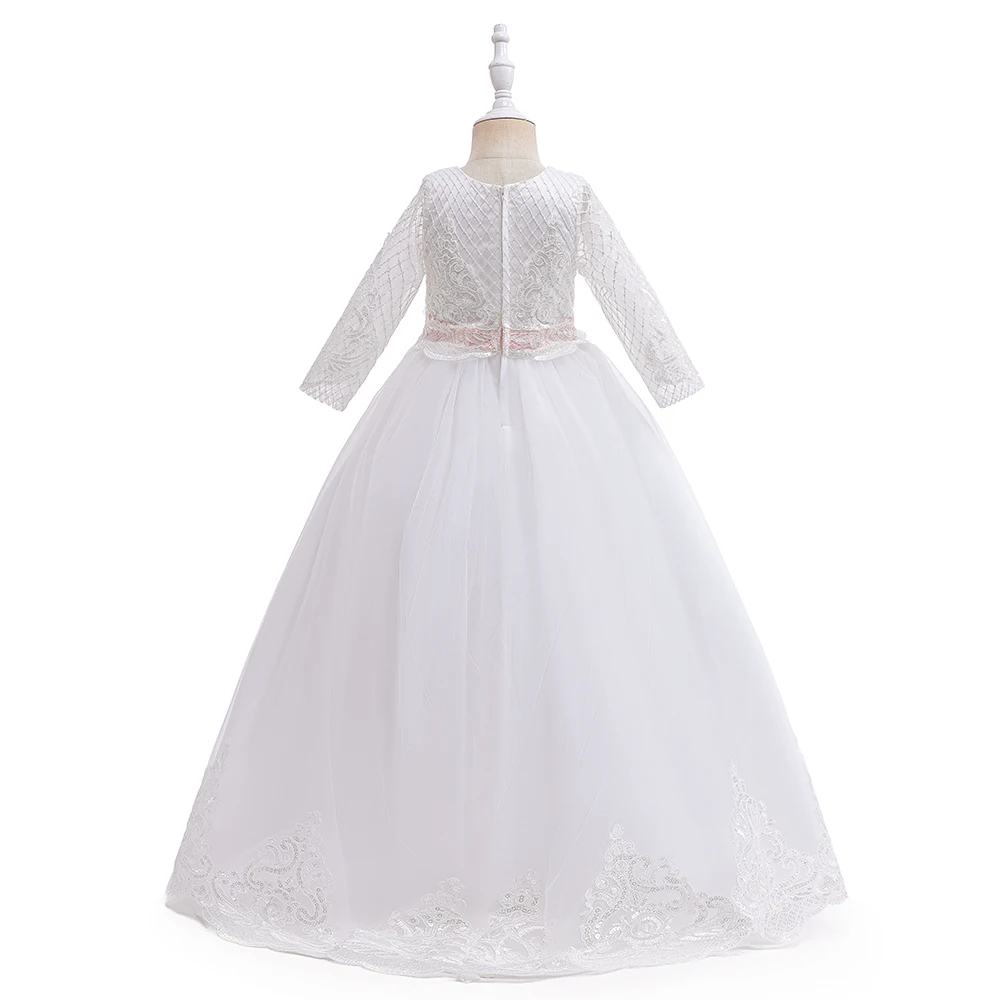 Elegant White Tulle Girls Dress Formal First Communion Princess Kids Party Dress For Girl Bow Wedding Bridemaid Evening Costume