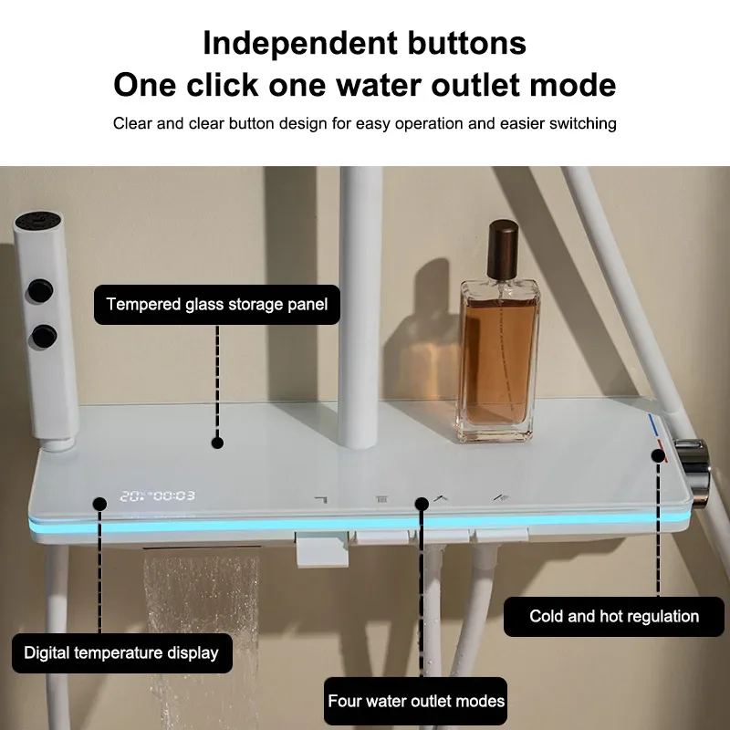 Klavier knopf Umgebungs licht Dusch system Set moderne Duschen für Badezimmer Messing Glas Regal Dusche Digital Display Dusch set