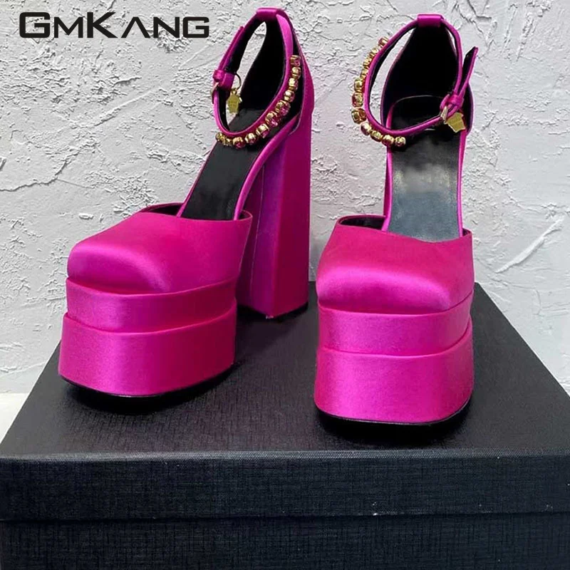 

2023 Hot new platform high-heeled shoes women thick heel ankle buckle luxury quality satin runway party high-heeled shoes women