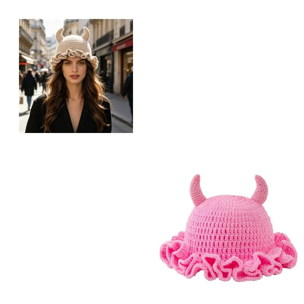 39BD Crocheted Cap with Ruffled Brim Horn for Daily Street Wear Styling