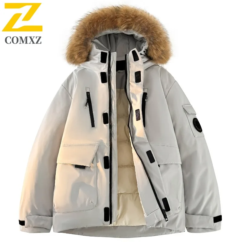 

COMXZ High Quality Down Jacket Multi Pocket Big Size Fur Collar Ski Windproof Padded Jacket Hiking Waterproof Men Winter Jacket