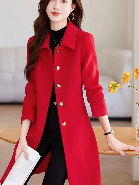 

Красное шерстяное пальто женское осенне-зимнее, теплое, ветрозащитное, укороченное, приталенное, средней длины, в западном стиле, больших размеров