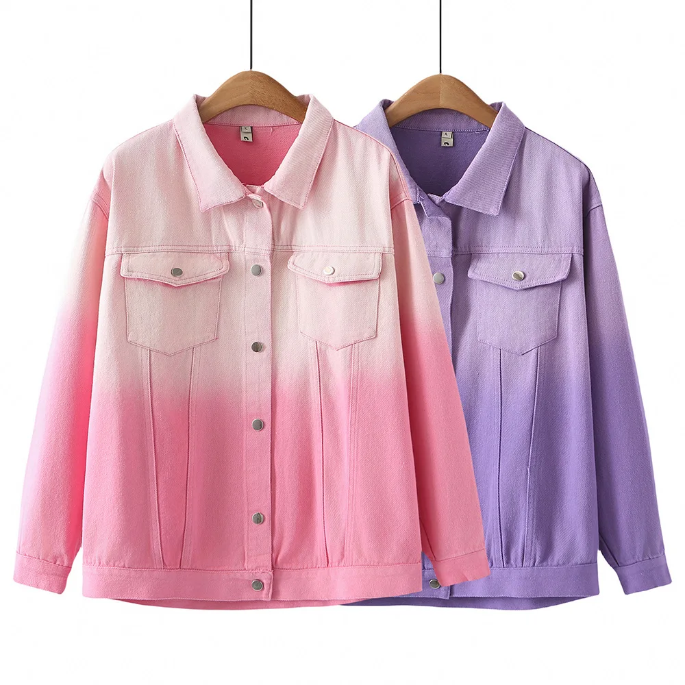 

Women's Pink Gradient Denim Jacket Loose Turn-down Collar Neck Jacket Spring Autumn New Single Breasted Fashion Street Style Top