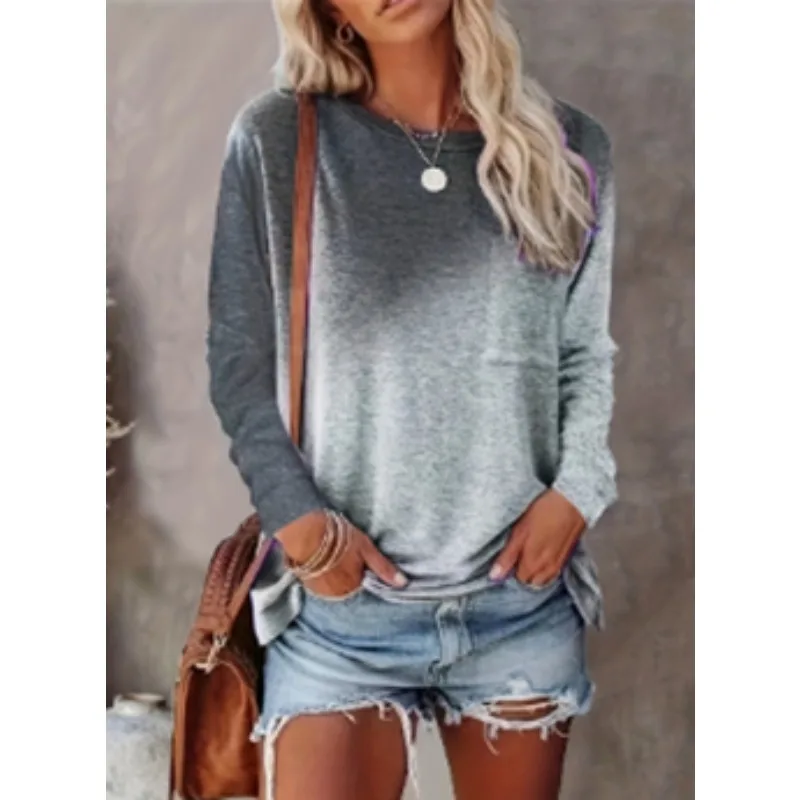 2024 New Plus Size  Fashion Gray Colored Long sleeved T-shirt for Women\'s Casual Loose Comfortable Top