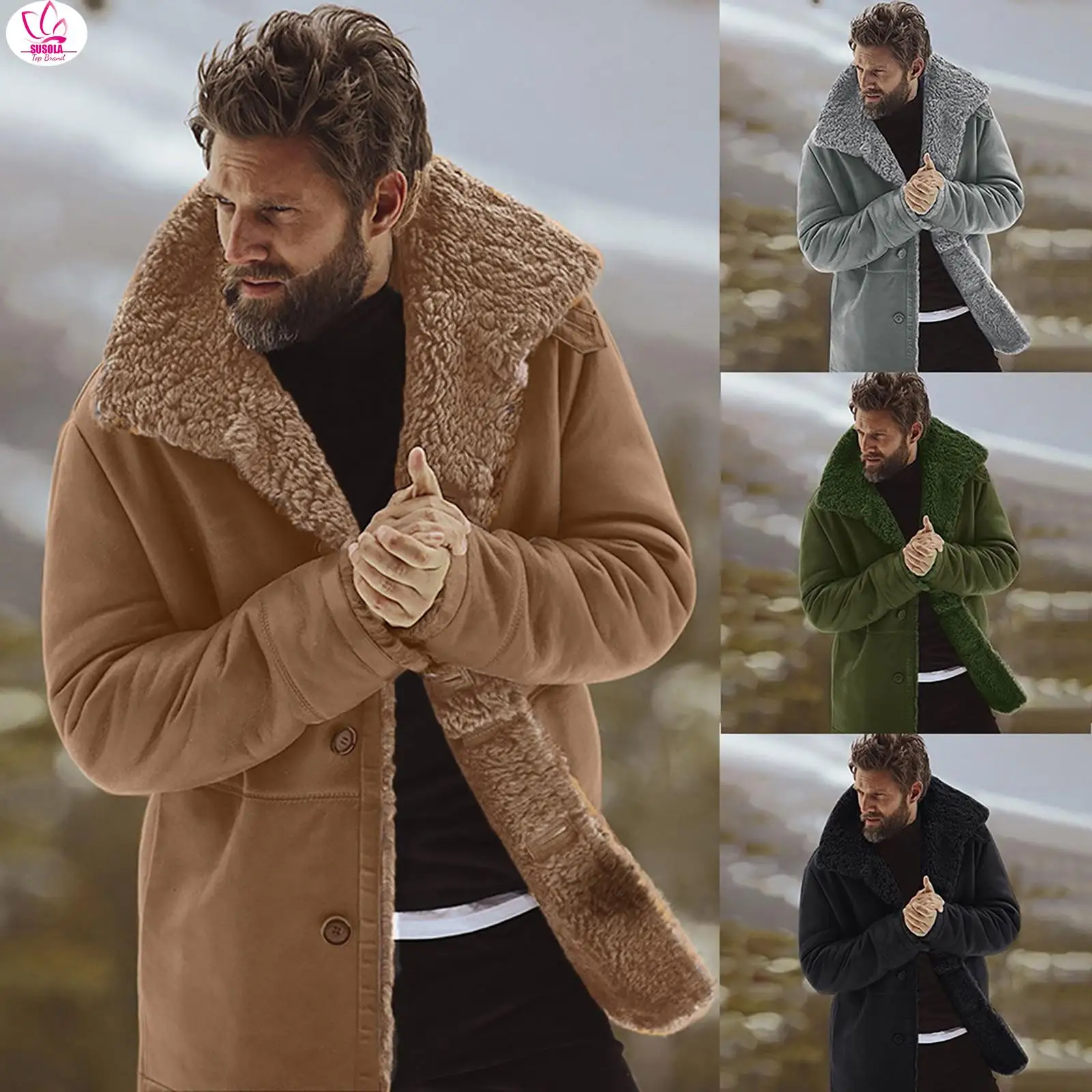 SUSOLA Men's Winter Coat Sheepskin Jacket Warm Wool Lined Mountain Faux Lamb Jackets Coat Loose High Quality Coat Dropshipping