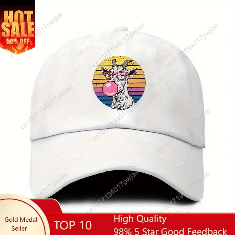 

Vintage Style Goat Print Cotton Baseball Cap with Bubble Gum Design, 100% Cotton, Hand Wash Only, Unisex, Adjustable Snap Closur