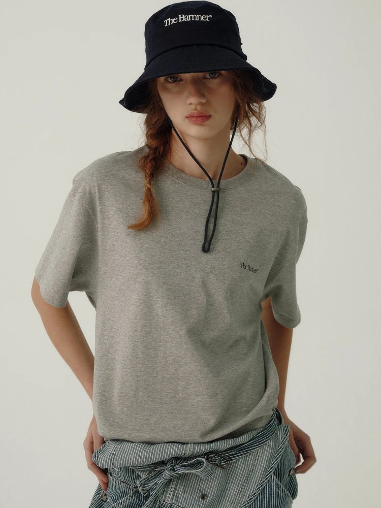 تي شيرت كلاسيكي بسيط بأكمام قصيرة مزين بالزهور للنساء فضفاض من القطن على الطراز الكوري برقبة دائرية وطول متوسط ​​للصيف