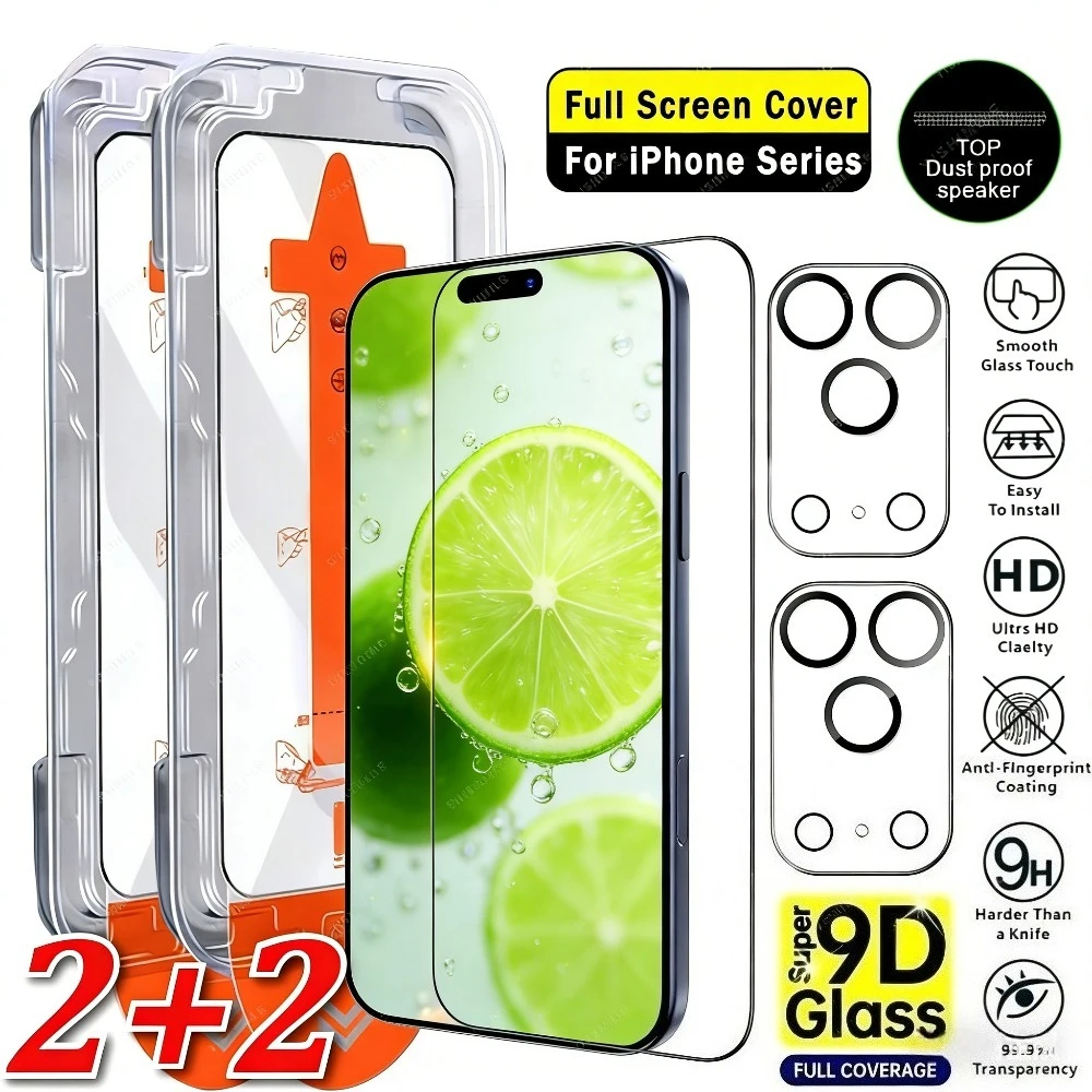

4-in-1 Full Cover Screen Protector for iPhone 17 16 15 14 Pro Max Air 16 15 Plus 13 12 11 Pro Mini One Click Installation Glass
