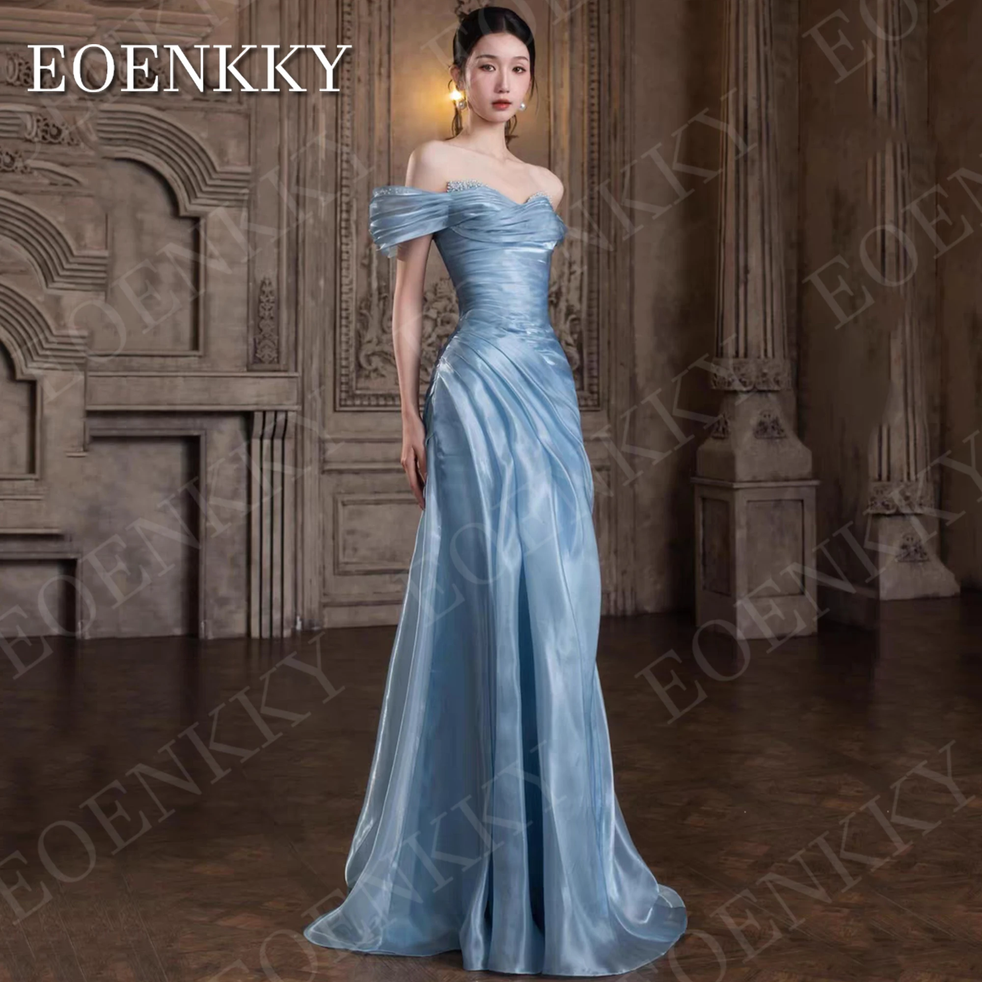 

EOENKKY Blue Evening Dress Off Shoulder Elegant Mermaid Satin Pleated Beaded Formal Party Dresses Customized платье вечернее