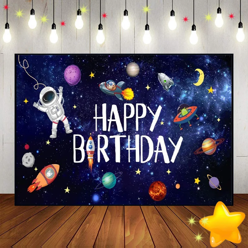 Outer Space Birthday Decoration Rocket Wallpaper Banner Custom Backdrop Astronomy Party Spaceship Photography Galaxy Sun Planet