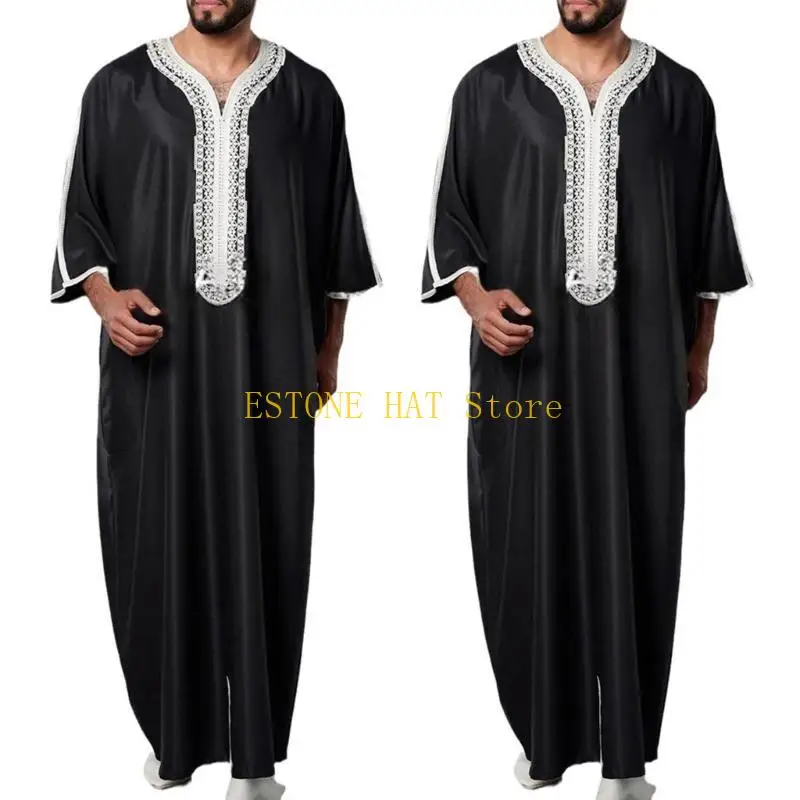 49MF Uomo Ricamo Manica Lunga Sauditi Arabi Thobe Islamici Musulmani Dubai Robe Kaftani