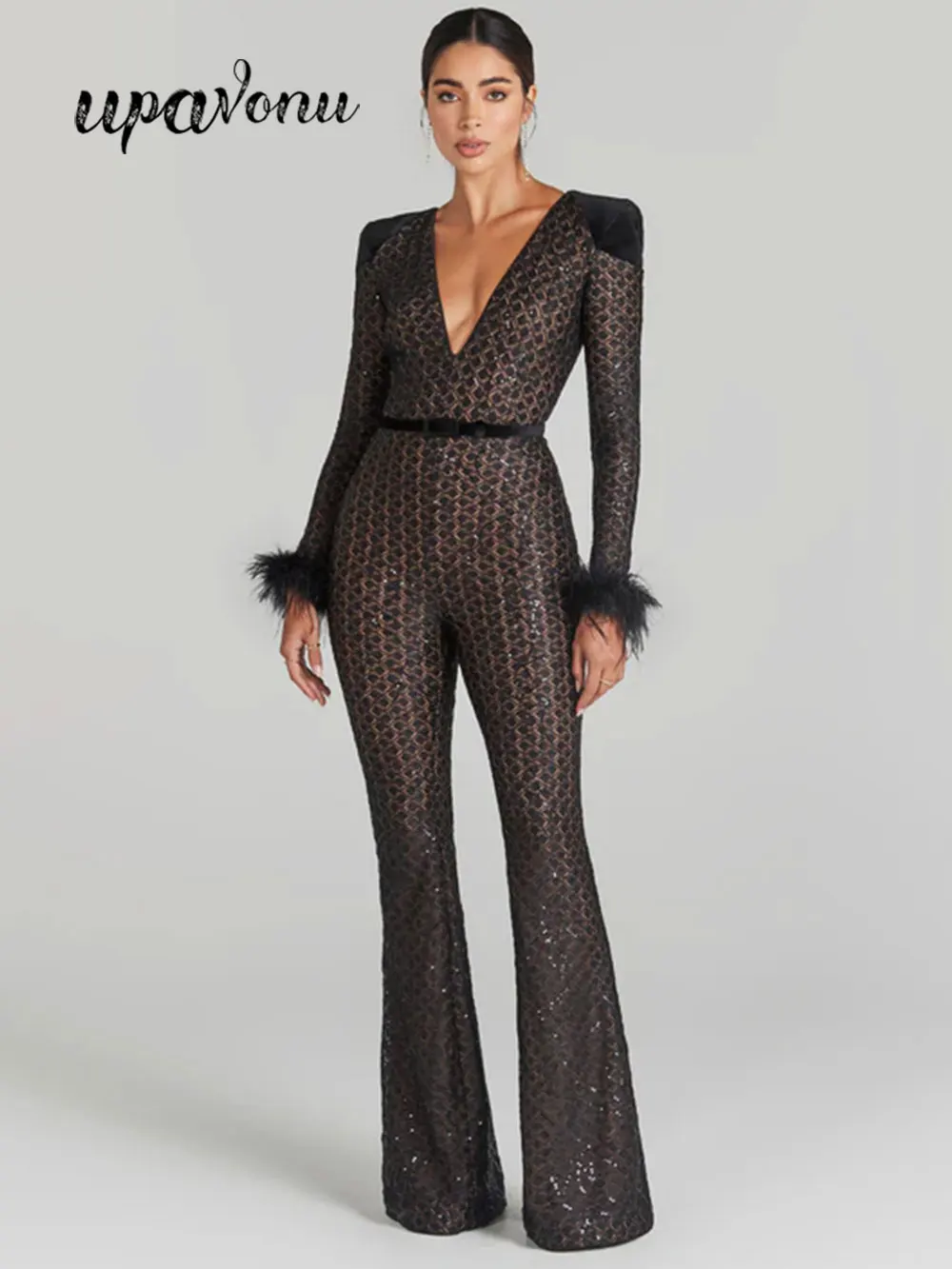 2024 Sexy Women's Slim Fit Flare jumpsuit V-neck Long sleeved Feather Decorative Sequin jumpsuit Cocktail Evening Party jumpsuit