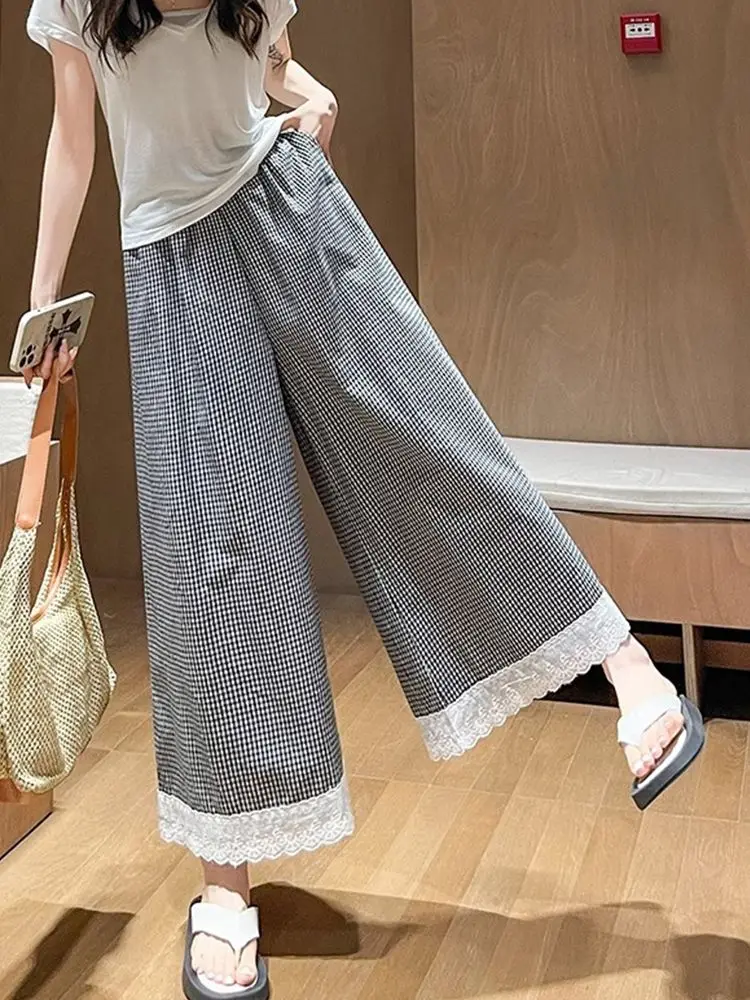 Gonna pantaloni a gamba larga con bordi in pizzo a quadretti in seta ghiacciata per donna, culotte estiva sottile e drappeggiata a gamba dritta corta taglie forti