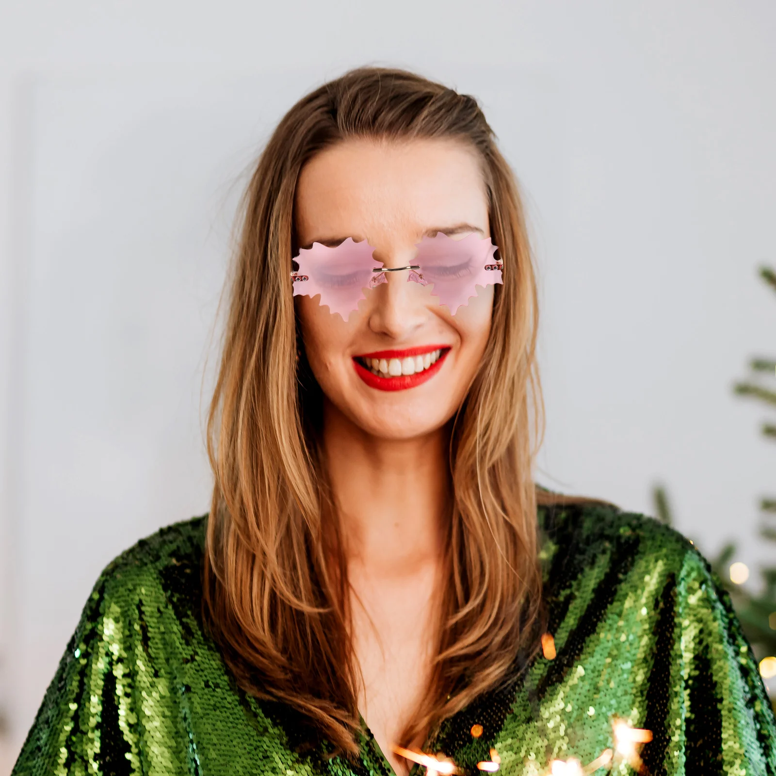 

Leaf Shaped Sunglasses Pink Metal Frame Rave Accessories Women Fun Party Glasses Colored Rimless Trendy 90s Disco Style