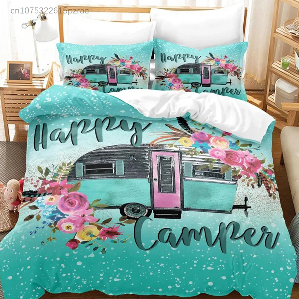 3pcs Happy Camper Pattern Printed Bedding Set, Suitable For Teenagers And Adult's Bedroom, Camping, 1*Duvet Cover+2*Pillowcase