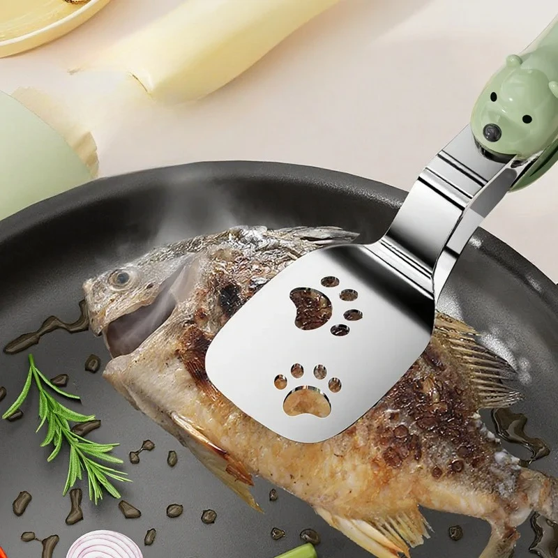 Cute Bear-shaped Fish Frying Spatula Clamp Two-in-one Stainless Steel Food Extended Anti-slip Oil-draining Heat Insulation Clamp