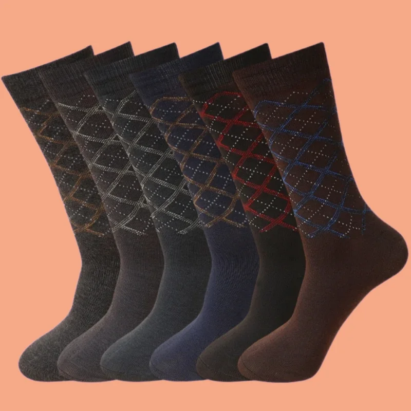 

6/12 Pairs Men's Mid-tube Cotton Socks Solid Color Business 2024 New Diamond Pattern Men's Socks Large Size British Style Socks