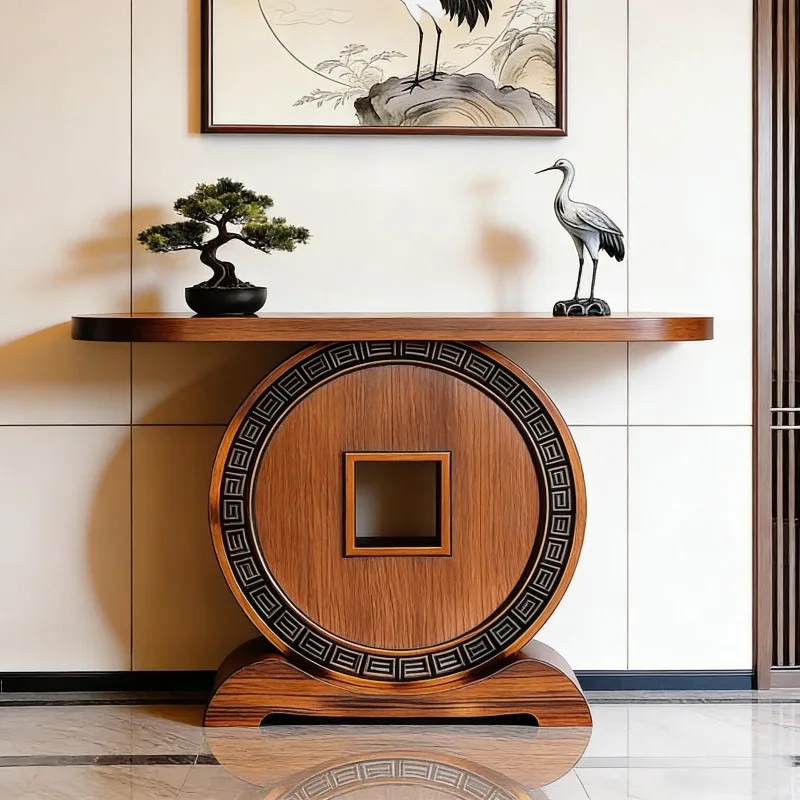 YJ New Chinese Solid Black Walnut Console Table 2026 New Coin Motif Carved Narrow Long Entryway Hallway End View Display Stand