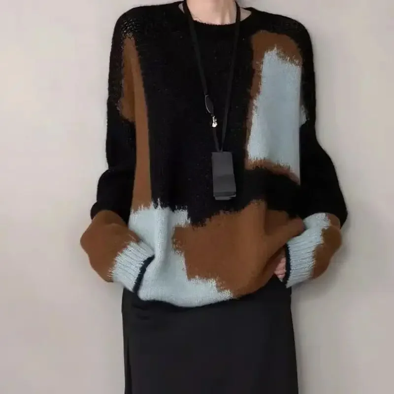 

Высококачественный свободный вязаный пуловер для женщин, новинка 2023 года, весна-осень, кашемировый свитер контрастного цвета, модные лоскутные топы с длинными рукавами