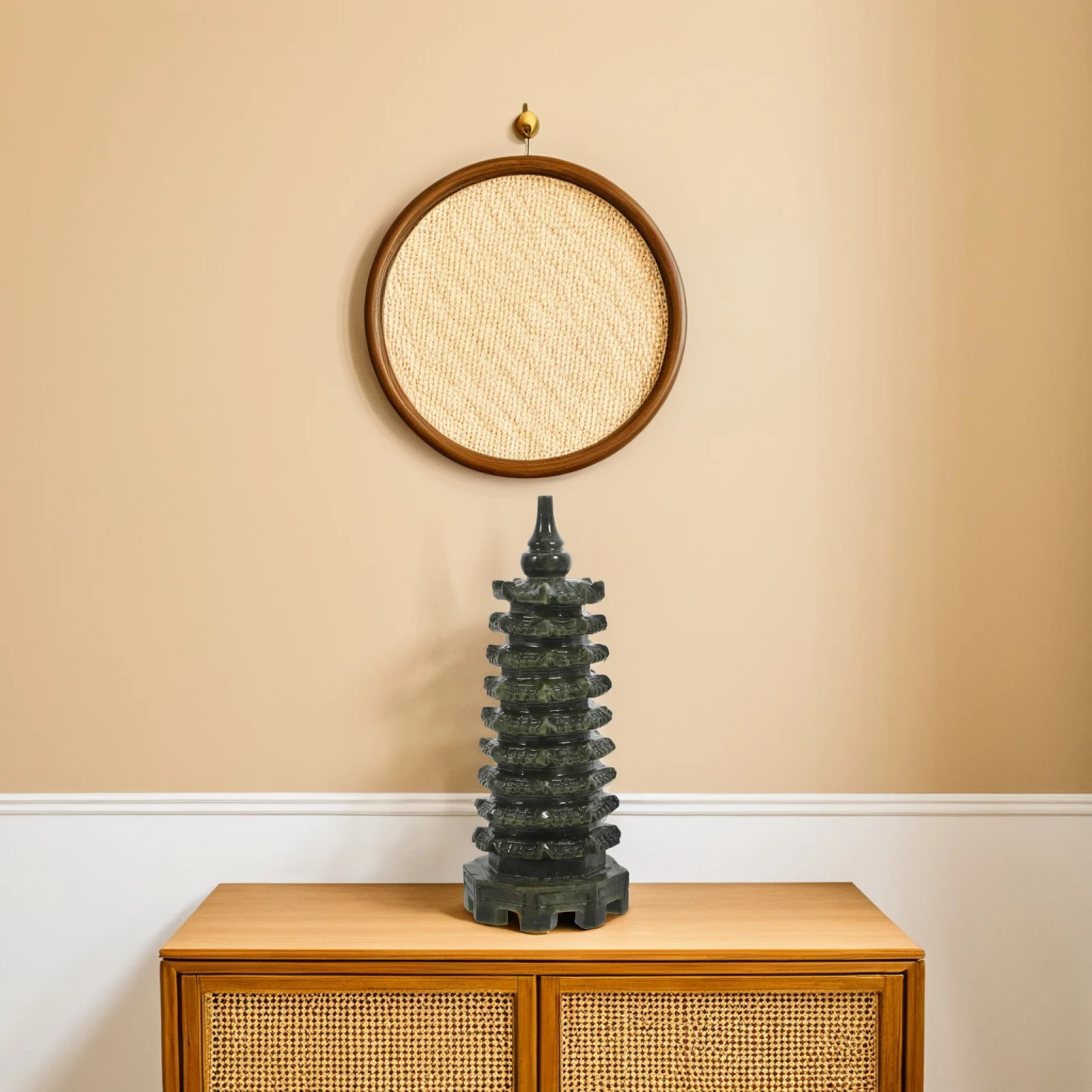 

Hand Carved 16cm Jade Wenchang Tower Feng Shui Decoration Home Office Desk Positive Energy Statue Pagoda Decor