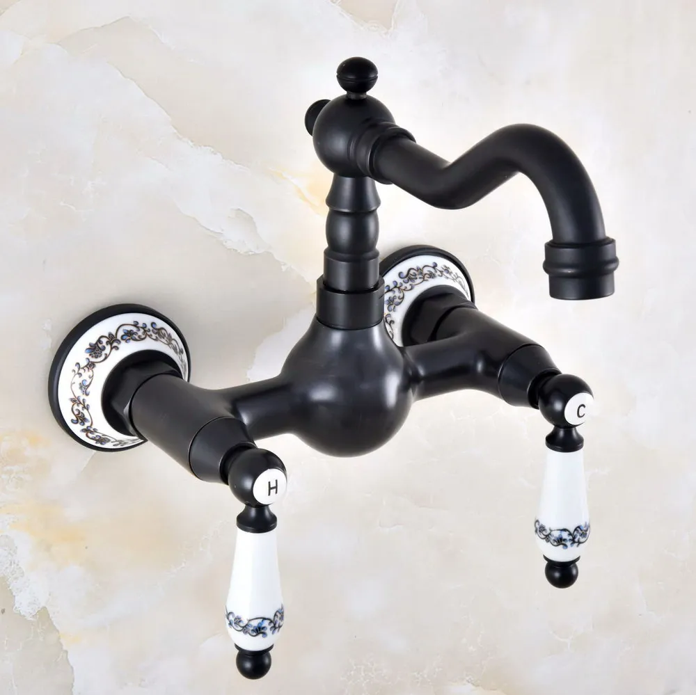 

Black Oil Rubbed Bronze Wall Mounted Swivel Spout Bathroom Sink Faucet Double Handle Mixer Tap Wall Mounted Lnf864