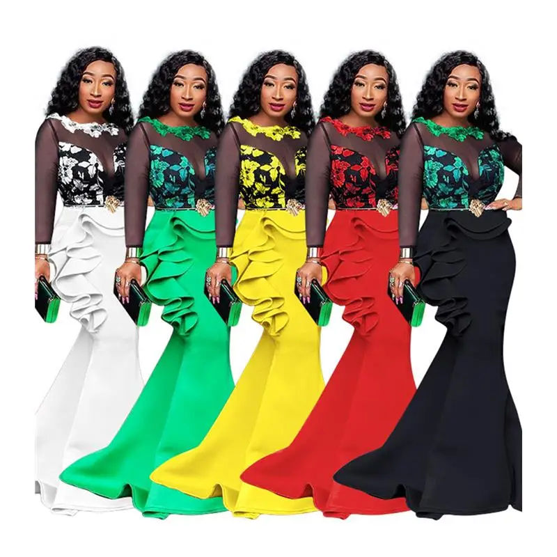 Sukienka damska plus size z koronką w kwiaty, elegancka, z bufiastymi rękawami, do pracy, z średnim stanem, długa spódnica z trenem, nowość 2024.