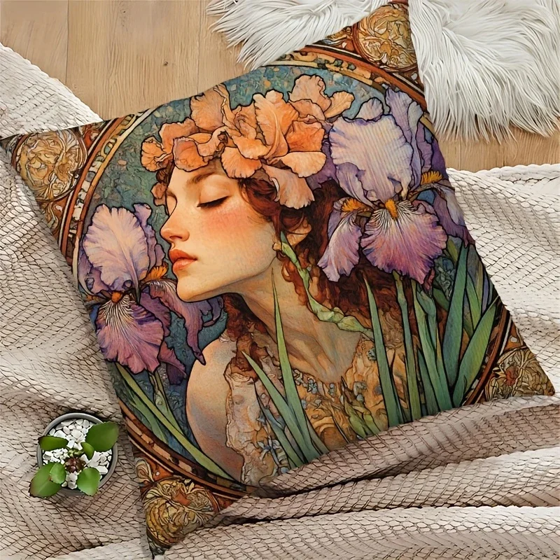 1Pc Vintage Art Nouveau Floral Woman Cushion Cover Multicolor Iris Flower Print Pillowcase For Sofa Bed Living Room Decorative T